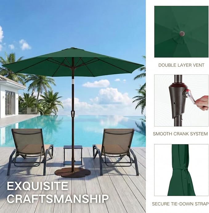 Kingdura 9FT Outdoor Patio Umbrella, Round Market Table Umbrella with Push‑Button Tilt and Crank Lift, 8 Sturdy Metal Ribs, UV50+ Protection Canopy for Backyard, Lawn, Deck, Poolside, Garden (Dark green)