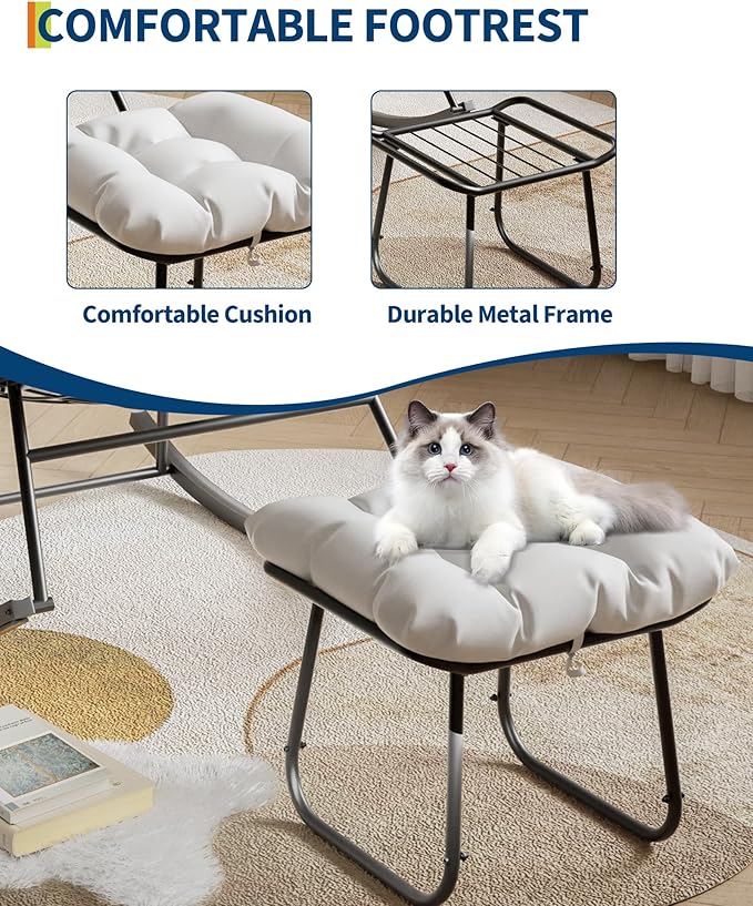 GarveeLife Outdoor Oversized Papasan Rocking Chair with Footrest, Patio Lounge Chair with Ottoman and Sturdy Metal Frame, Patio Egg Rocker for Balcony Backyard Porch Bedroom, White