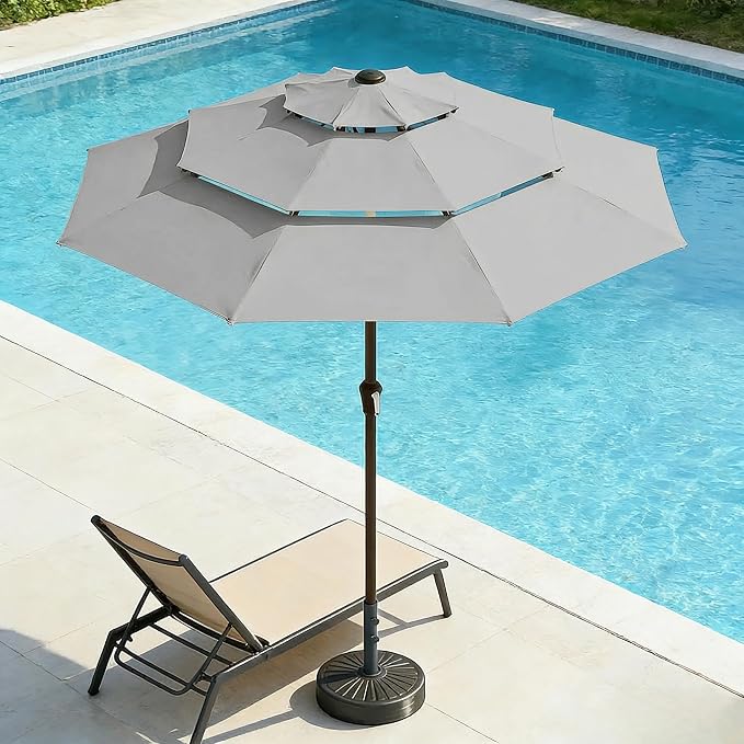 10ft 3 Tier Patio Umbrella, Outdoor Market Table Umbrella with UPF 50+ Vented Canopy, 8 Sturdy Ribs, Easy Push Button Tilt and Crank, Windproof for Deck, Pool, Backyard and Garden