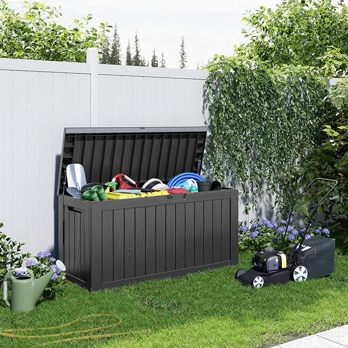 EasyUp 85 Gallon Outdoor Storage Box, Outdoor Deck Boxes for Garden Tools Equipment,Cushions and Patio Storage,Lockable and Resin,Easy to Install(Black)