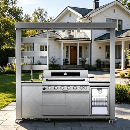 94" Stainless Steel Outdoor Kitchen Island with 6-Burner 85000 BTU,Heavy-Duty Natural Gas Grill with Rotisserie Oven,Galvanized Steel Roof,Granite Countertops,Refrigerator,Sink.(Natural Gas)