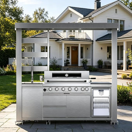 94" Stainless Steel Outdoor Kitchen Island with 6-Burner 85000 BTU,Heavy-Duty Natural Gas Grill with Rotisserie Oven,Galvanized Steel Roof,Granite Countertops,Refrigerator,Sink.(Natural Gas)