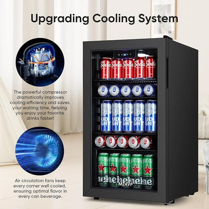 120 Can Beverage Refrigerator, Freestanding Beverage Cooler with Digital Temperature Display, Mini Drink Beer Soda Fridge for Office or Bar, White Indicator Light & Reversible Door - Black