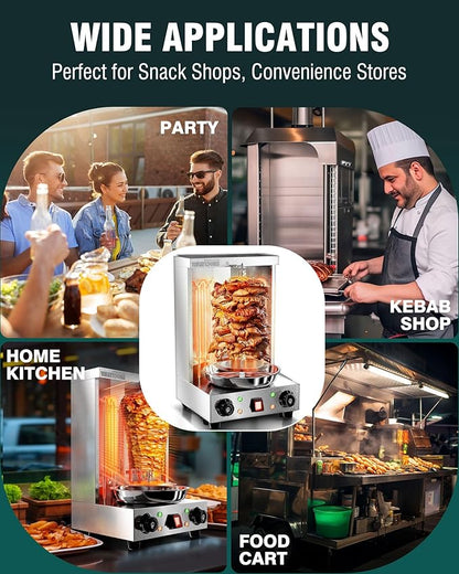 WantJoin Shawarma Grill Machine - 22 LBS Capacity Electric Shawarma Machine w/ 2 Burners, 122°F to 572°F Temp For Chicken, Beef, Gyro Meat, Stainless Steel Gyro Machine For Commercial Use, 2520W