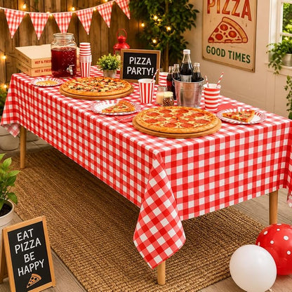 6 Pcs Red Gingham Tablecloths, Checkered Party Table Covers 54x108 Inch | Red and White Checkered Tablecloths, Disposable Plastic Waterproof for Hot Dog Party Picnic Camping Barbecue Birthday Party
