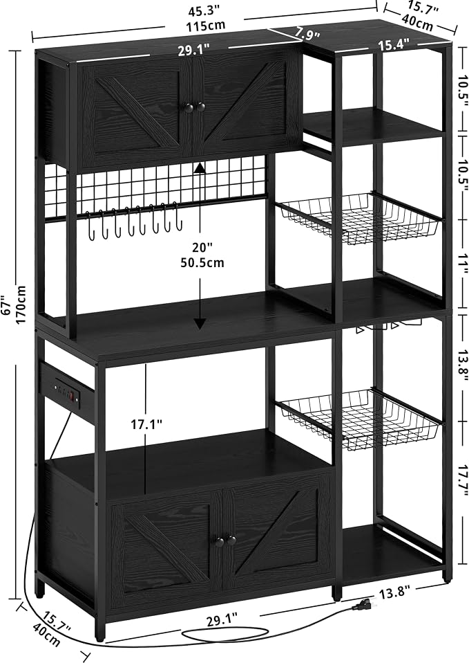 IRONCK Bakers Rack with Cabinet and Power Outlet, Coffee Bar, Vintage Black | Built-In Power Outlet. 45.3-inch countertop fits microwaves. 2 Cabinets, open shelves, hooks, P2 MDF. Anti-tip.