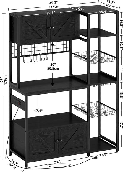 IRONCK Bakers Rack with Cabinet and Power Outlet, Coffee Bar, Vintage Black | Built-In Power Outlet. 45.3-inch countertop fits microwaves. 2 Cabinets, open shelves, hooks, P2 MDF. Anti-tip.