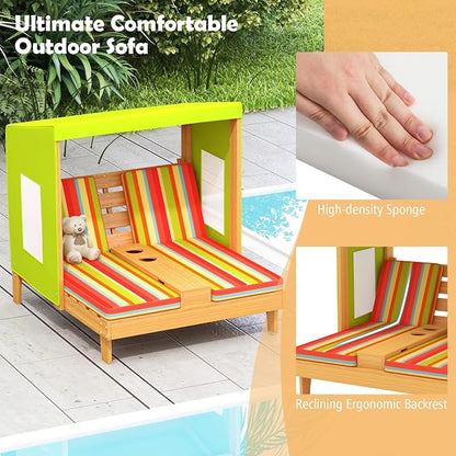 Kids Lounge Chair Outdoor, 2-Seat Toddler Patio Chair with Cushions, Cup Holders, Detachable Canopy, Wooden Double Chaise Lounge for Lawn, Pool, Garden, and Yard (Green)