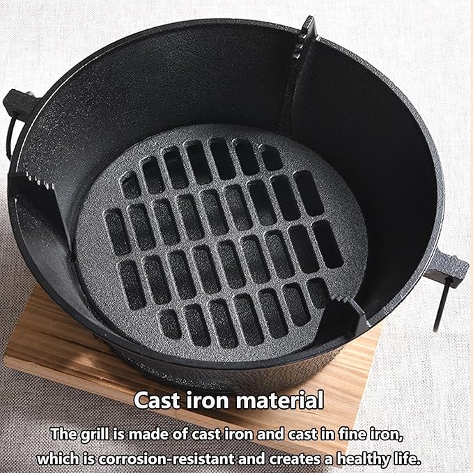Removable Round Charcoal Barbecue Grill Hibachi Grill Portable Desk Tabletop BBQ Grill with Handle Wooden Anti-scalding Baseplate for Camping Picnics Garden Beach Party(Large)