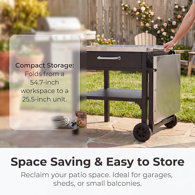 55” Outdoor Grill Table with Storage Cabinet & Folding, Metal | Stainless Steel Top Grill Cart for Kitchen with Wheels & Hooks, Kitchen Island Prep Table/Pizza Oven Table for BBQ Backyard
