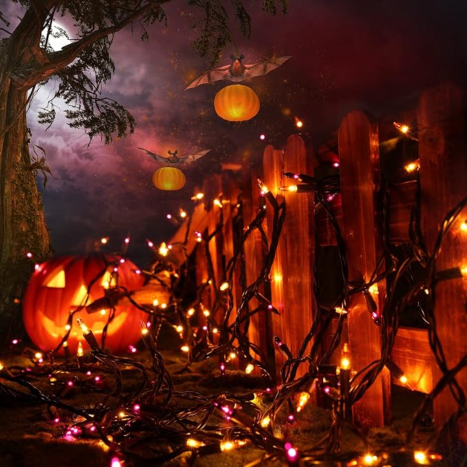 Orange & Purple Halloween Lights, 75ft 300 Count Incandescent String Light | UL Certified Connectable Mini Bulbs String Lights for Outdoor, Indoor, Garden, Porch, Party, Home, Halloween Decor