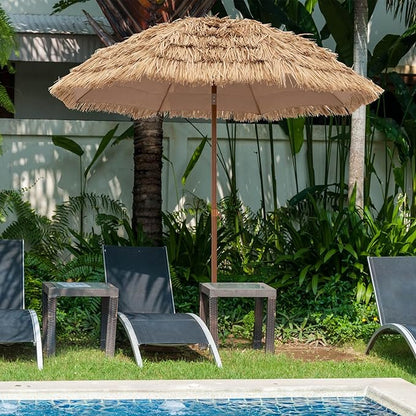Tangkula 7.2Ft Tiki Patio Umbrella, Hawaiian Style Outdoor PE Grass Umbrella with Tilt Adjustment, 8 Ribs, Portable Thatched Beach Umbrella for Garden, Yard, Poolside