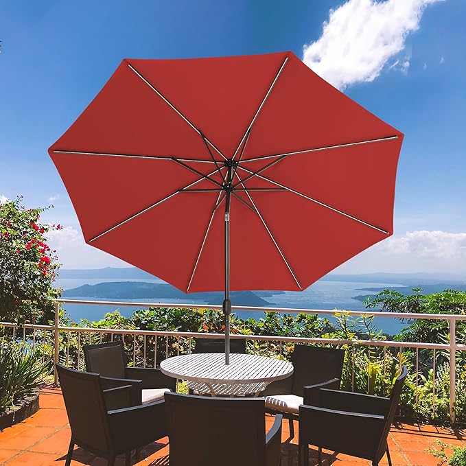 Sundale Outdoor 88 LED 10 FT Solar Patio Umbrella with Base, Red | Sand Bag Umbrella Base, Tilt, Crank, Solar Lights