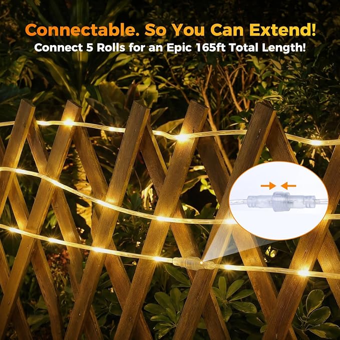 Connectable Solar Rope Lights Outdoor, 165FT 500 LEDs Solar String Lights, IP65 Waterproof 19 Modes Remote Tube Light for Outdoor Indoor Patio Backyards Garden Porch Tree Decor, Warm White