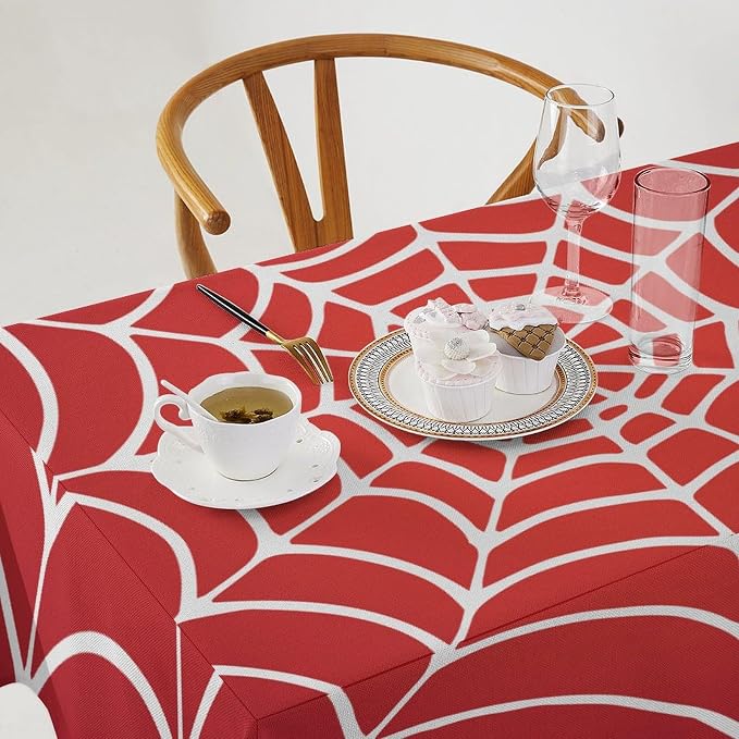 Spider Web Hero Tablecloth, White Spiderweb Red Cobweb Water Resistant Wipeable Table Cover for Picnic Party Holiday Kitchen Dinner Table 55"x55"