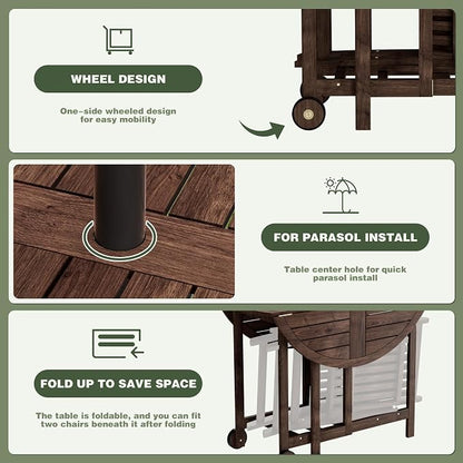 Greesum 5-Piece Outdoor Patio Dining Set, Acacia Wood Folding Bistro Set, All-Weather Furniture with Round Table & Chairs for Garden, Deck, Balcony, Pool, Dark Brown