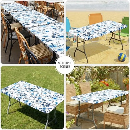 Smiry Spandex Fitted Tablecloth for 6 Foot Rectangle Tables, Washable Picnic Table Cover with Elastic, Stretch Reusable Table Cloth for Outdoor, Camping, Dining & Kitchen (Blue Flower, 30"x72")