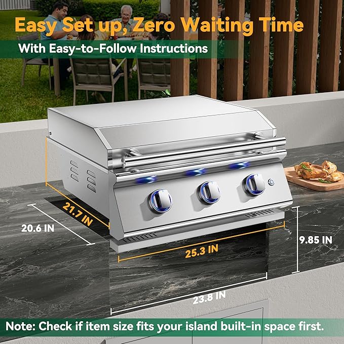 Livory 26 Inch BBQ Head Griddle Grill Combo for Barbecue Island, Liquid Propane Bulit-in Grills for Outdoor Kitchen,3 * 14,000 BTU， 3-Burner, Premium 304 Stainless Steel, Convertible to Natural Gas