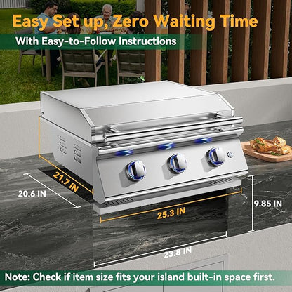 Livory 26 Inch BBQ Head Griddle Grill Combo for Barbecue Island, Liquid Propane Bulit-in Grills for Outdoor Kitchen,3 * 14,000 BTU， 3-Burner, Premium 304 Stainless Steel, Convertible to Natural Gas