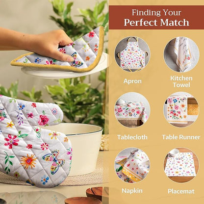 Maison d' Hermine Pot Holders 100% Cotton Heat Resistant Potholders 8" x 8" Hot Pads with Loop BBQ Baking Hotel Farmhouse Kitchen Handling Hot Pans Spring Summer (Pack of 1, Happy Florals - Sweety)