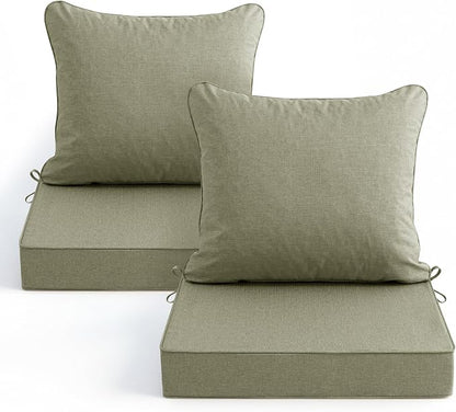 Summsun Water Resistant Outdoor Chair Cushions, Faux Linen Backrest and Seat Cushion Set with Ties, Removable Cover, Non-Slip Bottom for Patio Furniture, 19 x 19 Inch, Mocca Green, Set of 2