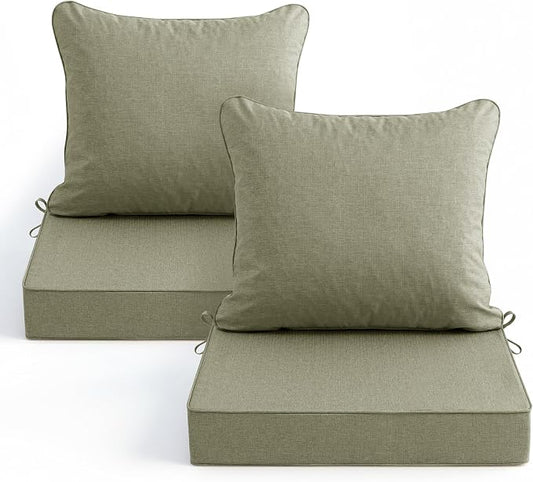 Summsun Water Resistant Outdoor Chair Cushions, Faux Linen Backrest and Deep Seat Cushion Set with Ties, Removable Cover, Non-Slip Bottom for Patio Furniture, 24 x 24 Inch, Mocca Green, Set of 2