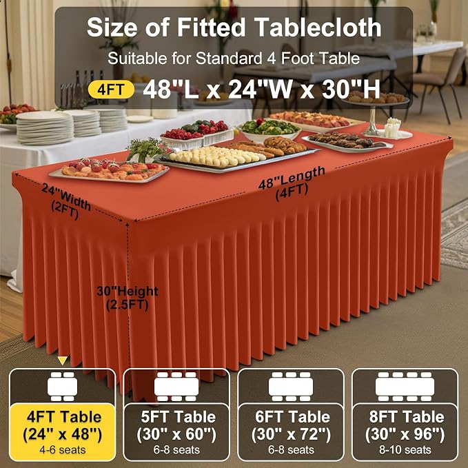 Smiry Spandex Elastic Fitted Table Cloth Skirt for 4FT Rectangle Table | Stretch Washable Table Cloth, Banquet Table Cover for Wedding, Party, Indoor & Trade Shows, (Rust, 48Lx24Wx30H)