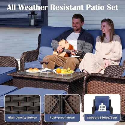 Sundale Outdoor Wicker 3-Seat Patio Sofa, Luxury Outdoor Couch with High Back & Wider Armrests, Patio Furniture with 6-inch Cushions for Yard, Deck, Poolside (Blue)