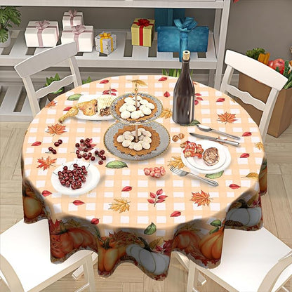 Sweetshow Thanksgiving Autumn Harvest Pumpkin Table Cloth Round Orange Plaid Fall Leaves Tablecloth 70 Inch Decor Washable Stain and Wrinkle Resistant Round Table Cover for Dining Party Picnic
