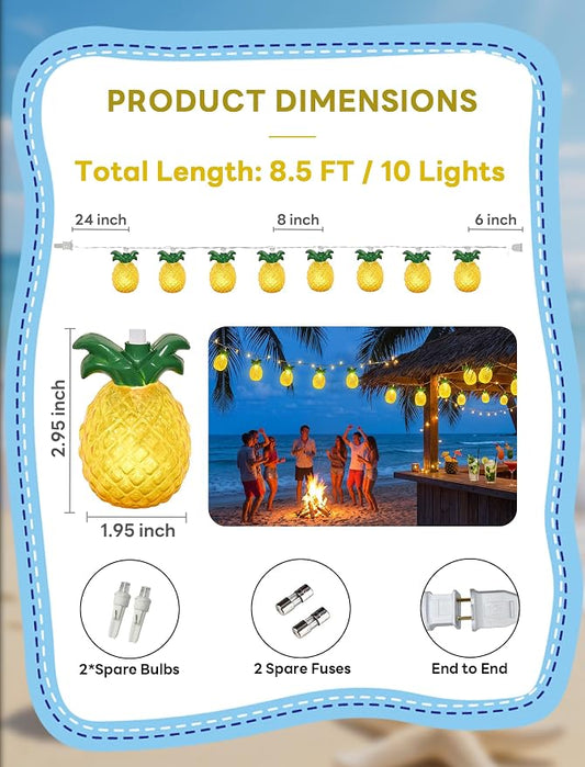 Abeja Summer String Light, 8.5Ft Pineapple Fairy Lights with 10 Pineapple Fun Patio Lights, Outdoor Indoor Party Lights for Party Bedroom Home Birthday Hawaiian Tropical Tiki Gifts Decor
