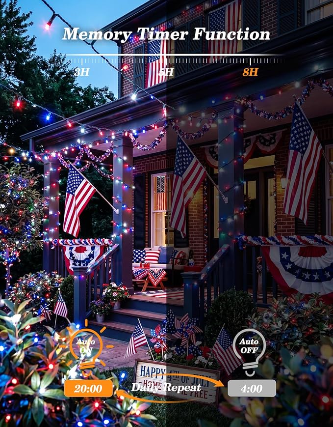 LitHome 2 Pack 4th of July Solar String Lights Outdoor Waterproof | Total 200LED 66FT Solar Powered Red White and Blue String Lights, 8 Modes Patriotic Light for Independence Day Party Decor