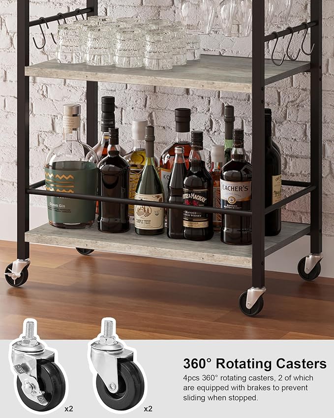 TUTOTAK Bar Cart with Wheels, Mini Drink Cart with Wine Rack & Glass Holder | 3-Tier 17 Inch Wide Home Bar Serving Carts, Small Mobile Kitchen Shelf with 6 Hooks, Greige BC01BG035