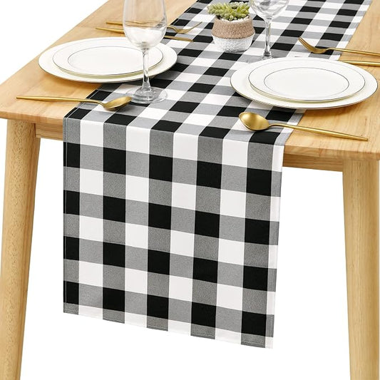 Hiasan Buffalo Plaid Table Runner Black and White, Classic Farmhouse Tabletop Collection, Waterproof Table Runner for Kitchen Dining, Banquet, Restaurant, Outdoor Use, 14W x 108L, 1 Piece