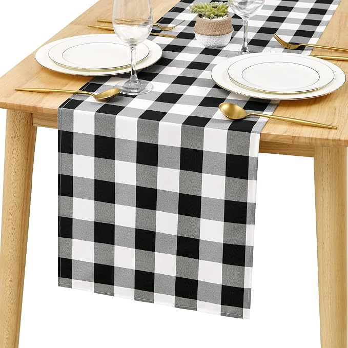 Hiasan Buffalo Plaid Table Runner, Classic Farmhouse Black and White Tabletop Collection, Waterproof Table Runner for Kitchen Dining, Banquet, Restaurant, Outdoor Use, 14W x 72L, 1 Piece