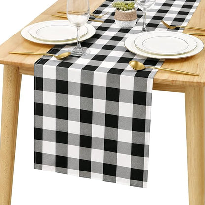 Hiasan Buffalo Plaid Table Runner, Classic Farmhouse Black and White Tabletop Collection, Waterproof Table Runner for Kitchen Dining, Banquet, Restaurant, Outdoor Use, 14W x 72L, 1 Piece