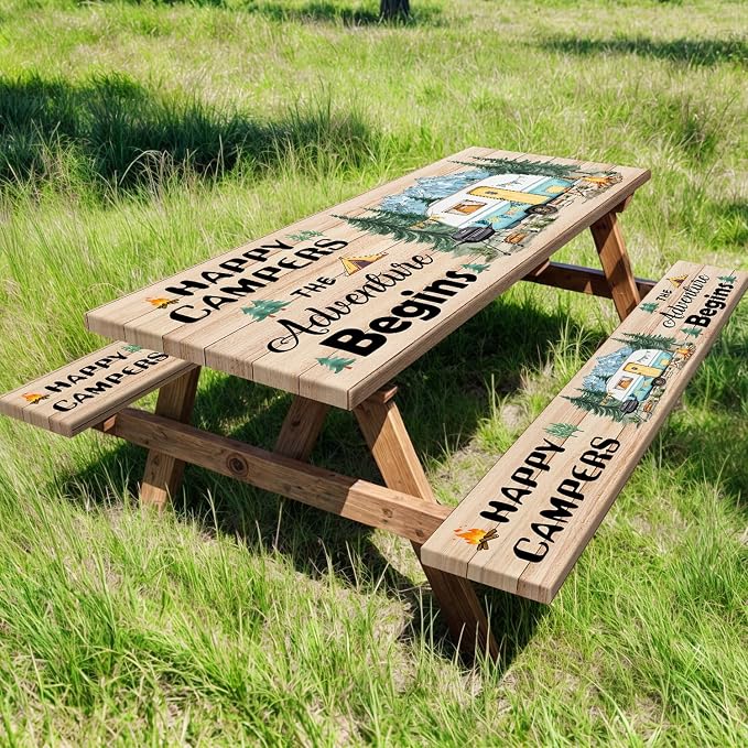 Picnic Table Cover with Bench Covers, Wooden Forest Mountain Camper Waterproof Windproof, Fitted Tablecloth Cover with Elastic Edge, for Indoor & Outdoor, Garden, Camping, 3 PCS 30x96 Inch