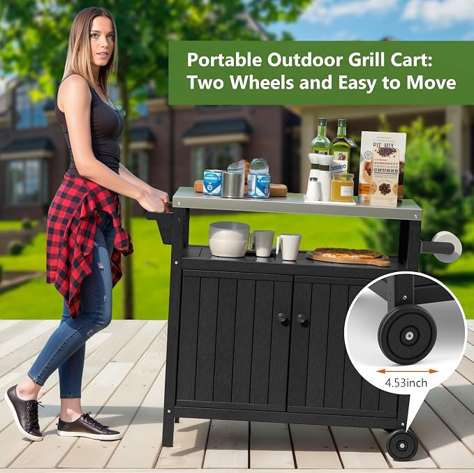 TORVA Portable Outdoor Grill Cart with Storage, Waterproof HDPE BBQ Prep Table for Patio & Backyard, 304 Stainless Steel Top, All-Weather Use, Camping Cart with Wheels, 42.12" L x 20.71" W, Black