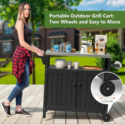 TORVA Portable Outdoor Grill Cart with Storage, Waterproof HDPE BBQ Prep Table for Patio & Backyard, 304 Stainless Steel Top, All-Weather Use, Camping Cart with Wheels, 42.12" L x 20.71" W, Black