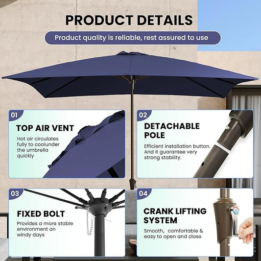 Ayge 8x10FT Large Rectangular Patio Umbrella Outdoor Table Umbrella w/Crank Rectangle Market Umbrella UV Protection for Garden, Deck,Lawn,Yard & Pool, Navy blue
