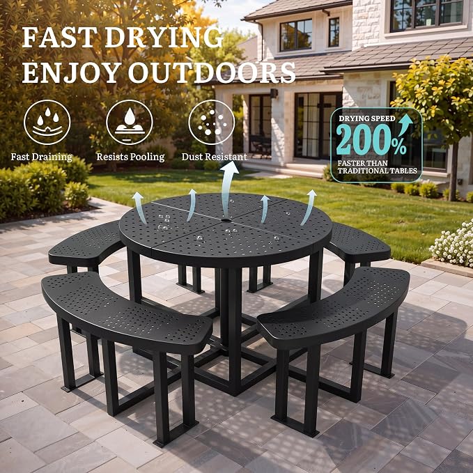 YITAHOME 38 in Metal Picnic Table, Powder Coated Outdoor Picnic Table with Heavy-Duty Steel Frame, Adjustable Seats & Umbrella Hole for Yard, Patio, Lawn, Party, Black, Round