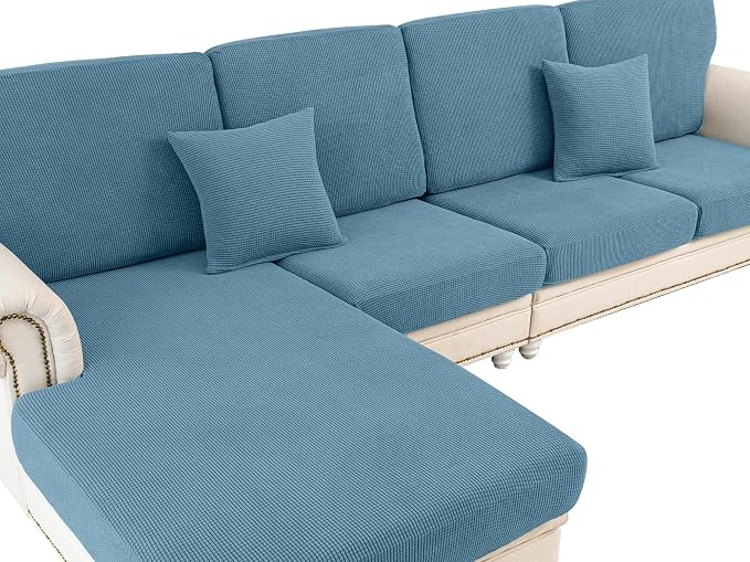 LA MEACK Couch Cushion Cover Chaise Lounge Cover Washable Separate Seat Chaise Couch Cover Stretch Sectional Sofa Slipcover(1 Piece for Chaise or Sofa 3-Seater, Blue)
