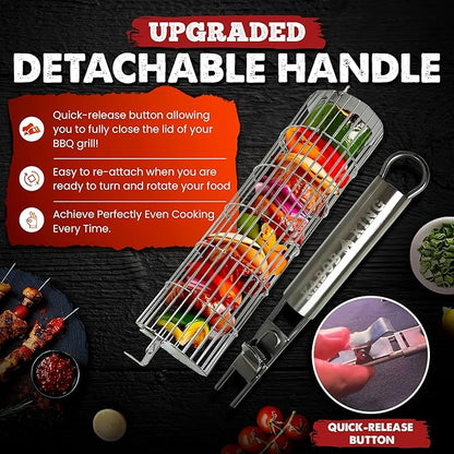 ORIGINAL Rolling Grill Basket Set of 2 w/Detachable Handle. Stainless Steel construction 2 sizes for Outdoor Camping Tailgating Grilling Vegetables