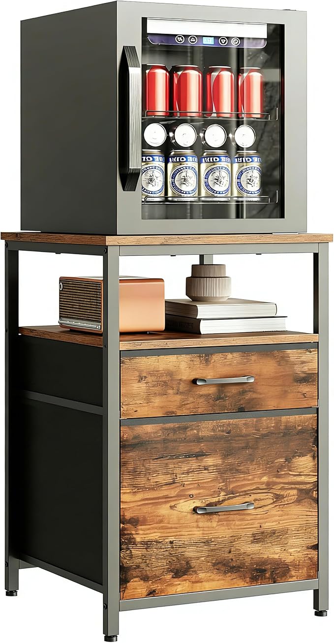 Herture Mini Fridge Stand with 3 Storage, Mini Fridge Cabinet, Beverage Fridge Table, Heavy Duty 18.11" L* 18.11" W Tabletop, for Dorm, Apartment,Office, Bedroom Rustic Brown HB03BXN