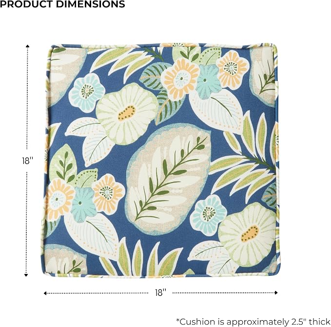 Outdoor 18 inch Square Patio Dining Chair Pads – Comfortable Fiber-Filled Seat Cushions with Ties, Reversible Polyester Fabric - Marlow Blue Floral, Set of 4