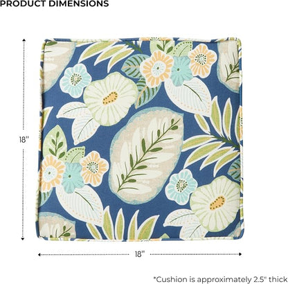 Outdoor 18 inch Square Patio Dining Chair Pads – Comfortable Fiber-Filled Seat Cushions with Ties, Reversible Polyester Fabric - Marlow Blue Floral, Set of 4