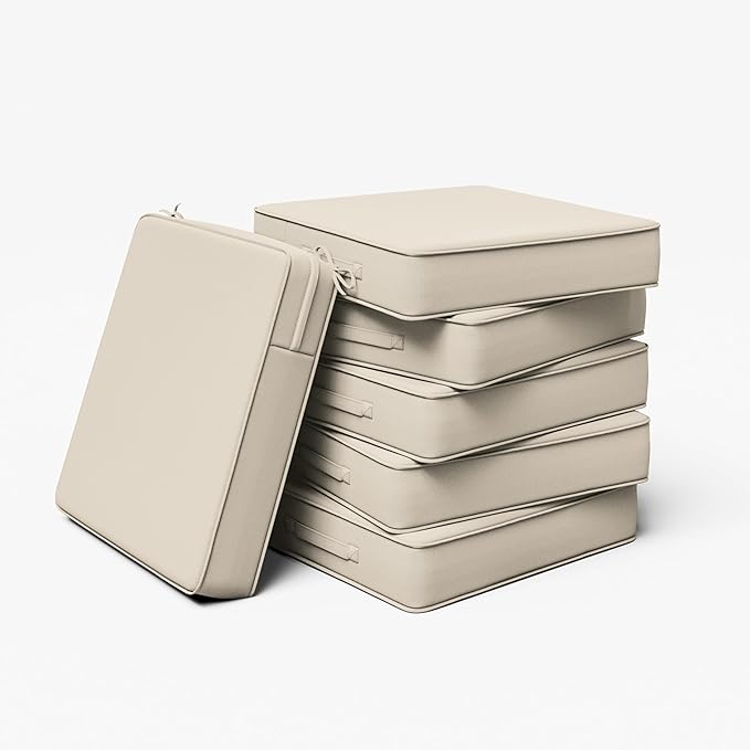 Outdoor Chair Cushion 19 x 19 x 4 Inches Patio Furniture Outdoor Waterproof Seat Cushion, Patio Chair Cushion with Handles and Ties, Square Dining Chair Cushion Set of 6, Cream