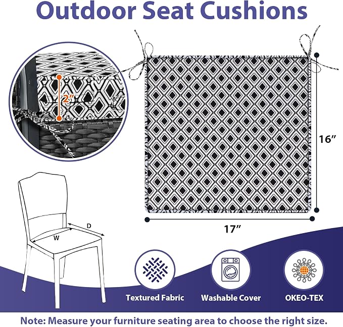 IPYNBAP Outdoor Chair Cushions Set of 4 -Waterproof Outdoor Seat Cushions for Patio Furniture, Patio Chair Cushion with Handle and Ties, Out Door Chair Pads,17x16x2-Square, Black Geometry
