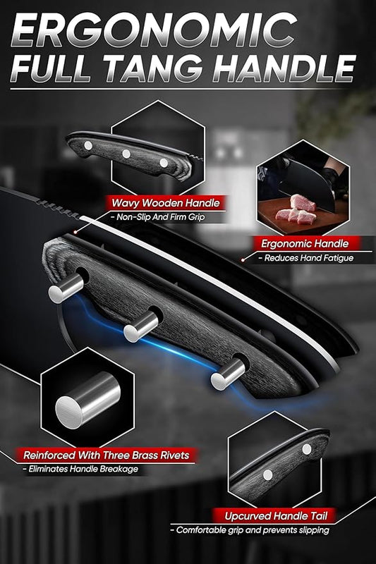 Dream Reach Chef Knife Set - 6PCS Hand Forged Black Butcher Knife Set for Meat Cutting, Serbian Cleavers with A Roll Bag for Kitchen Camping BBQ Outdoor, Birthday Mother Father Gift Idea