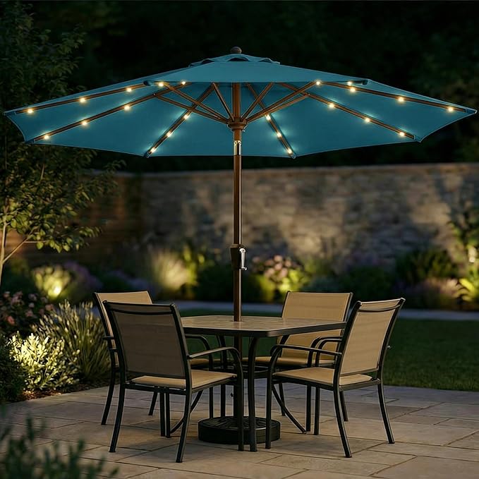 10FT Solar Patio Umbrella with Lights, Outdoor Table Market Umbrella with 32 LED Lights, 8 Sturdy Ribs, Push Button Tilt and Crank for Pool, Deck and Garden, UV-Resistant