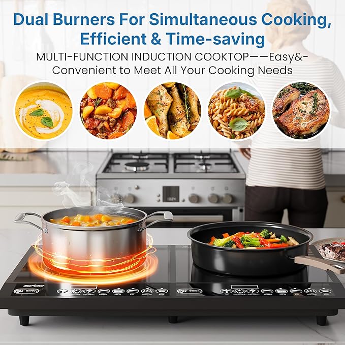 Commercial Double Burner Electric Induction Cooktop, 1000W+800W Dual Induction Hot Plate, 8 Power & 8 Temp Setting, Professional Countertop Burner Stove with Timer, LED Screen, Black
